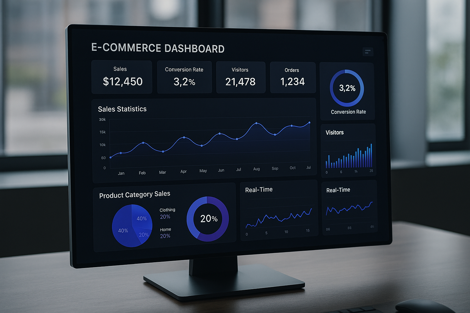 Dashboard displaying e-commerce statistics such as revenue, visitor counts, and conversion rates in a modern layout.